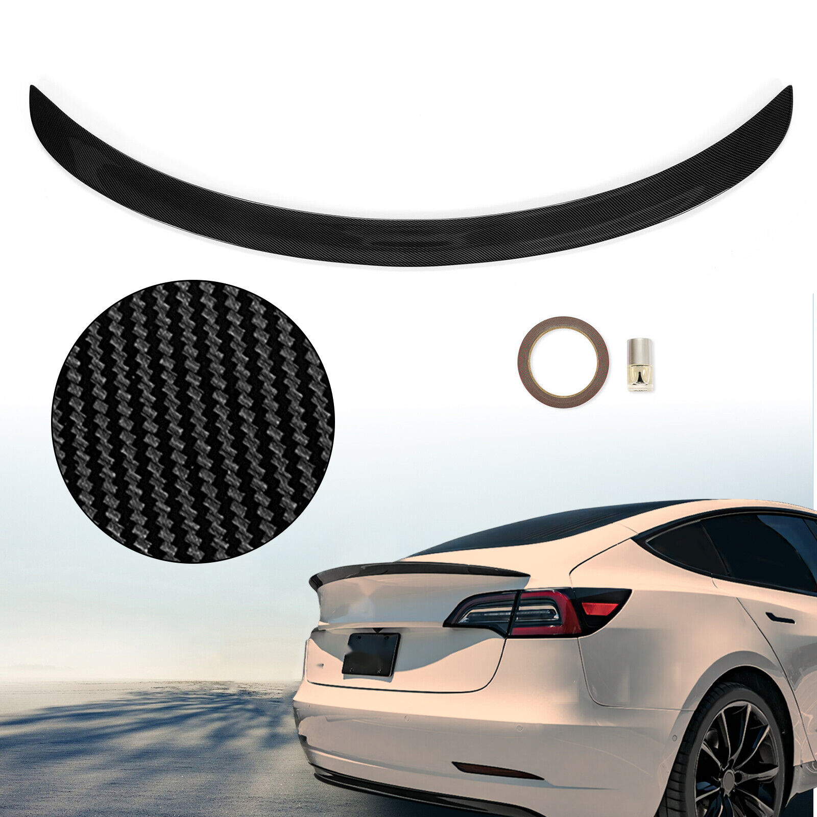 For 2017-2023 Tesla Model 3 Spoiler Wing Glossy Carbon Fiber Look Rear Trunk Lip