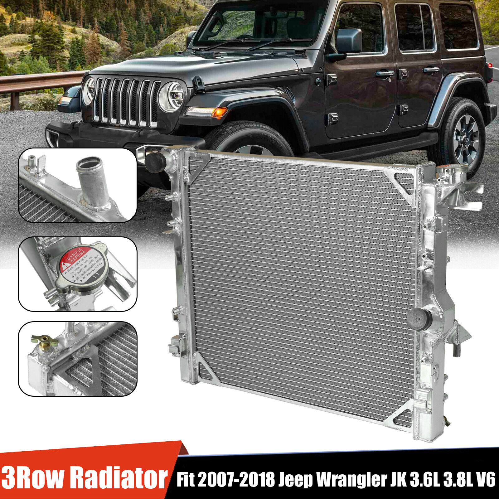 3 Row Aluminum Core Radiator For 2007-2018 Jeep Wrangler JK 3.6L 3.8L V6 Engine