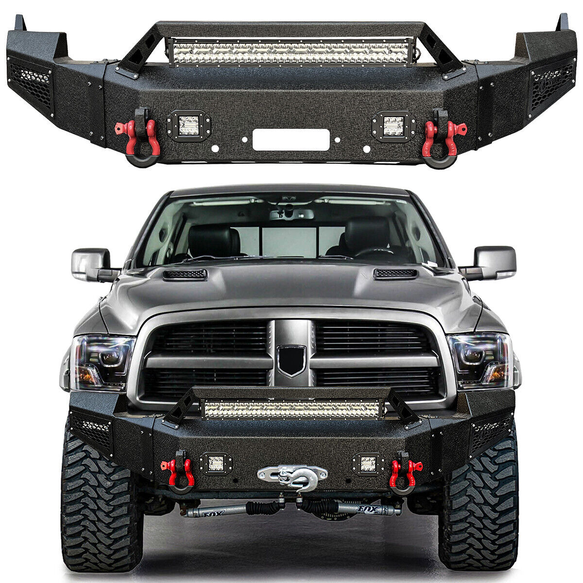 Fits 2009-2012 Ram 1500 Textured Steel Front Bumper w/Winch Plate&LED Lights