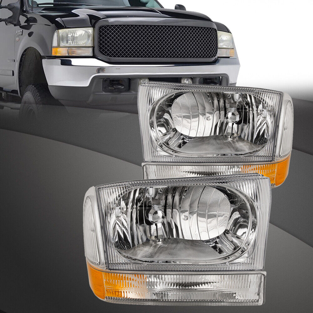 Headlights Set Fits 99-04 Ford F250 F350 F450 Super Duty Excursion 4Pc Chrome