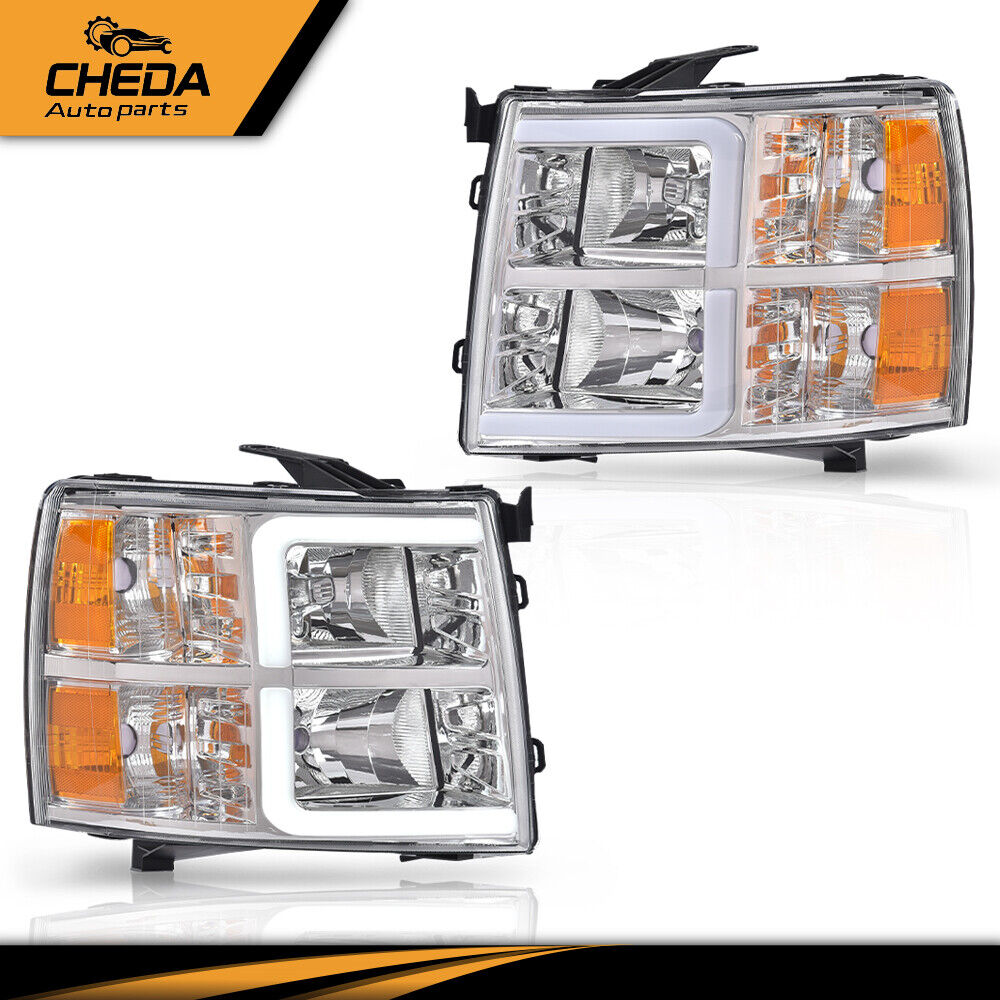 Fit For 2007-13 Chevy Silverado 1500 2500 LED Bar Tube Headlights Lamps Chrome