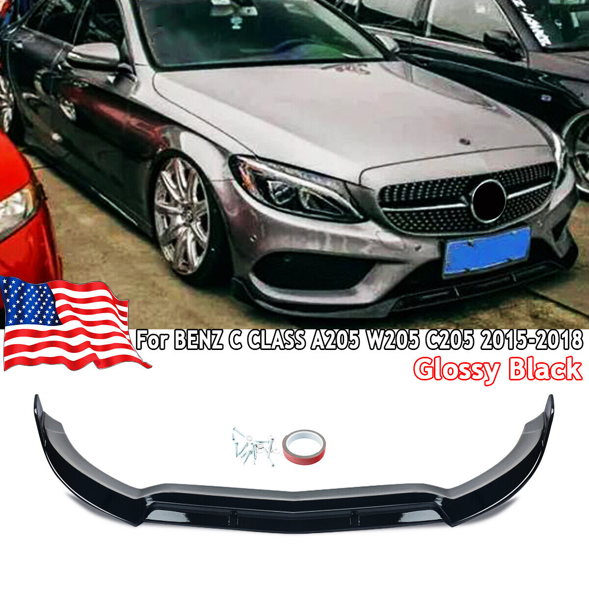 Painted Front Bumper Lip BRABUS Style For Benz W205 C205 C250 C43 AMG 2014-2018
