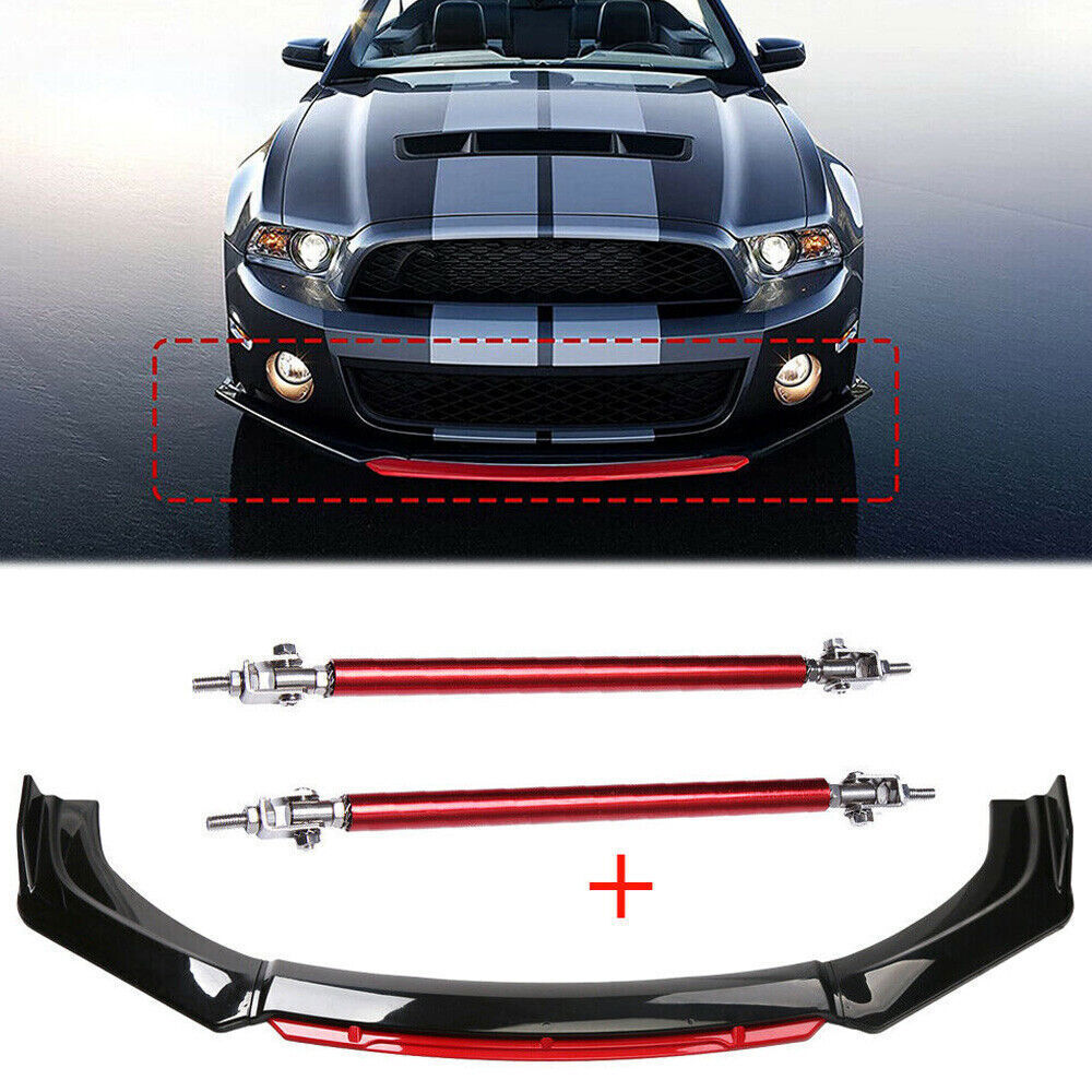 Glossy BK Front Bumper Lip Spoiler + Strut Rods For Ford Mustang GT Shelby GT500