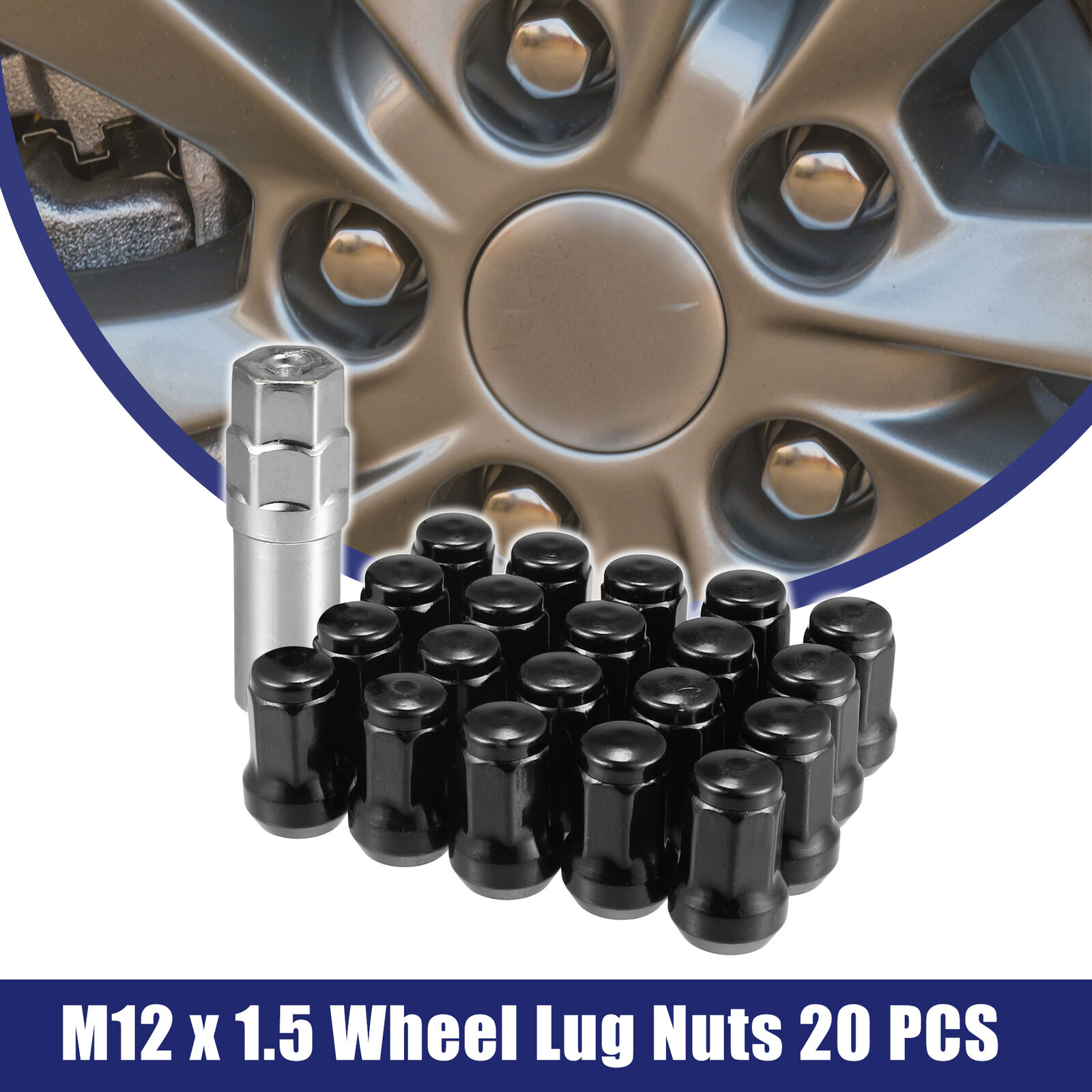 1 Set M12x1.5 Car Heptagon Lug Nut Cone Seat 32mm Screw with Socket Key Black