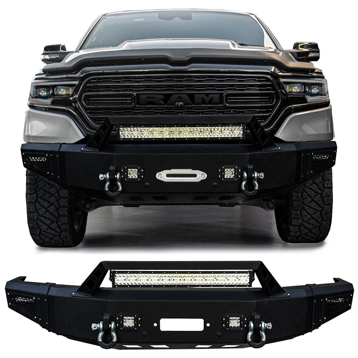 Fits 2019-2024 Dodge Ram 1500 Black Steel Front Bumper with 4xLED Lights&D-Ring