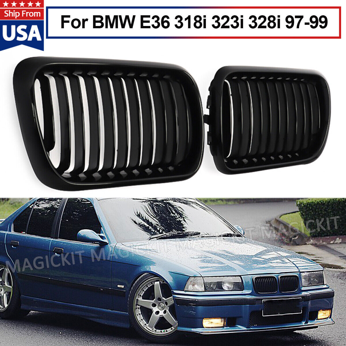 M Look Kidney Grille Grill Gloss Black For 97-99 BMW M3 E36 3 Series Compact US
