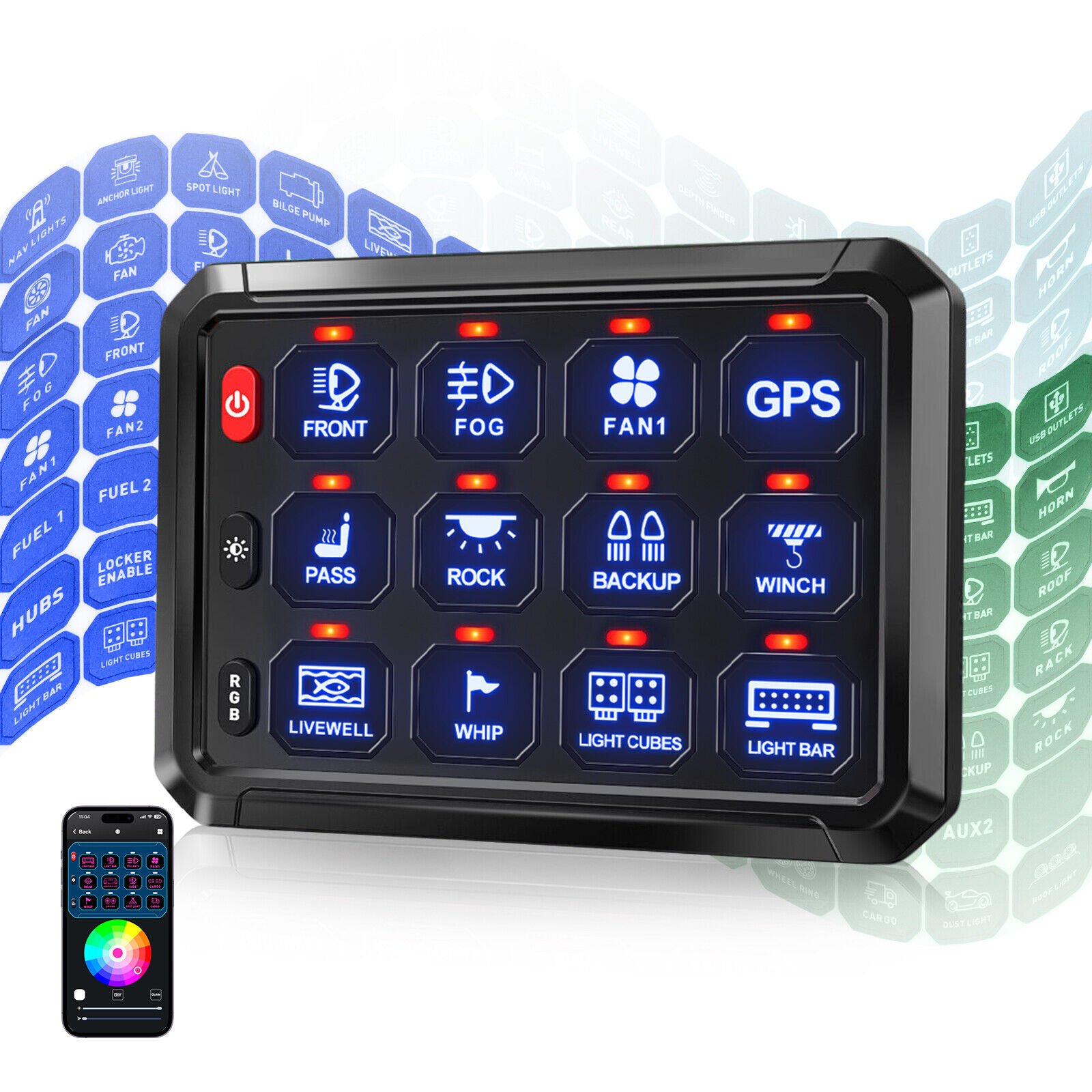 COLIGHT 12 Gang RGB Switch Panel bluetooth Remote Control LED ON/OFF For Ford
