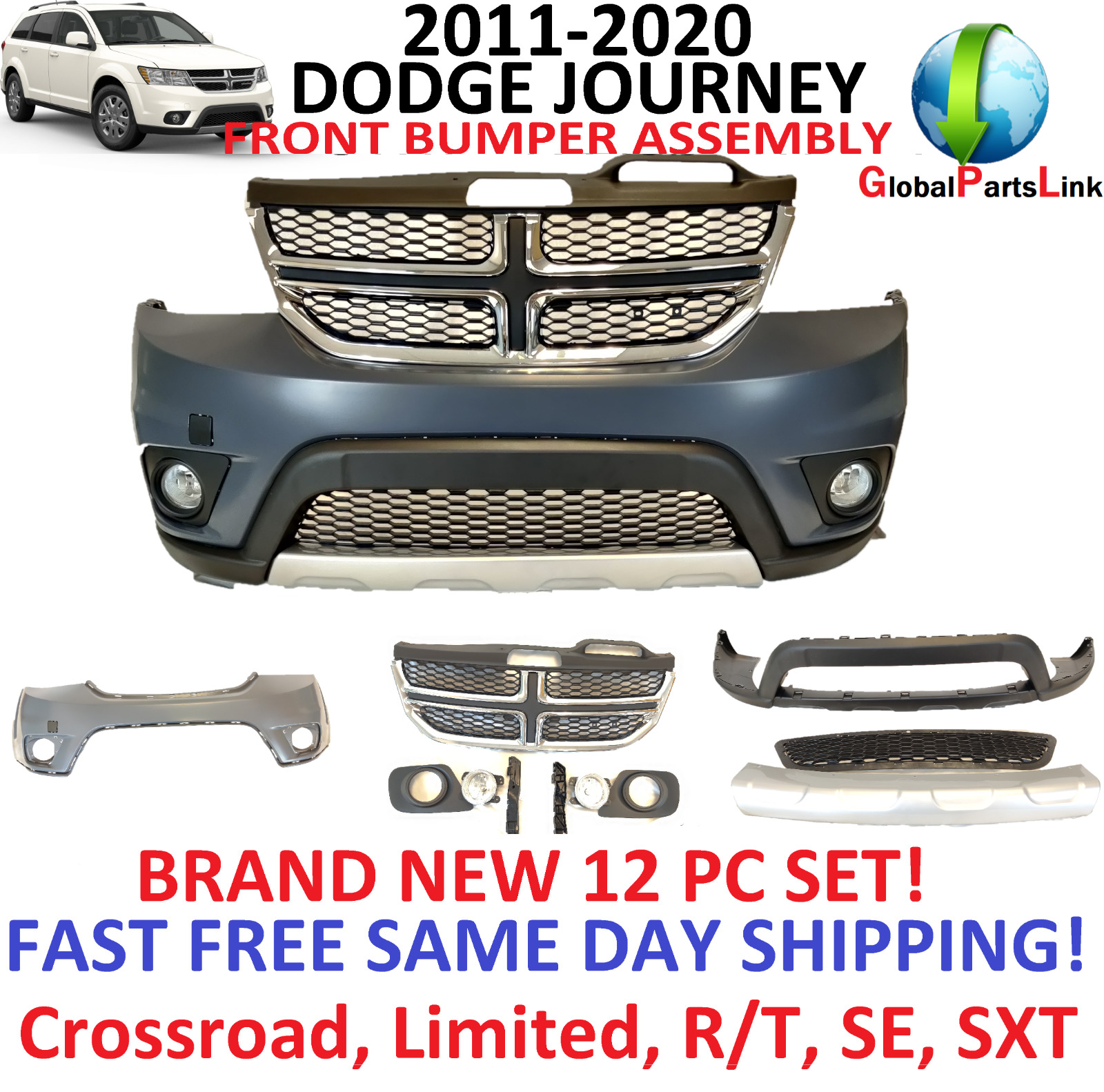 2011 - 2019 Dodge Journey Front Bumper Cover Assembly Complete with grill, fogs
