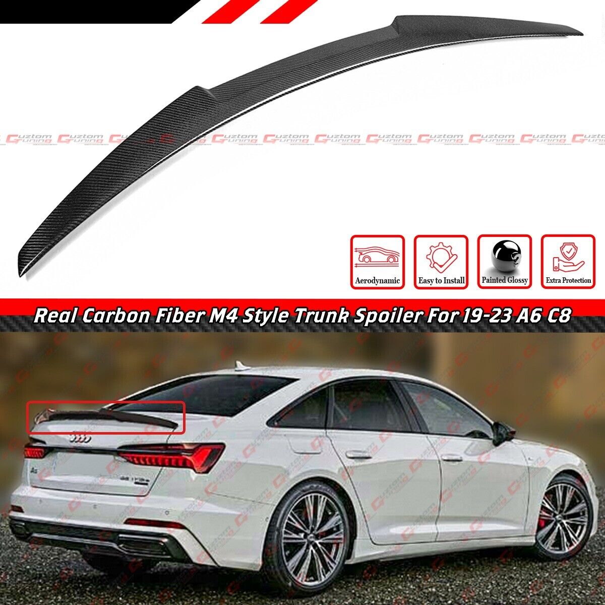FOR 2019-2024 AUDI A6 S6 C8 4K M STYLE HIGH KICK REAL CARBON FIBER TRUNK SPOILER
