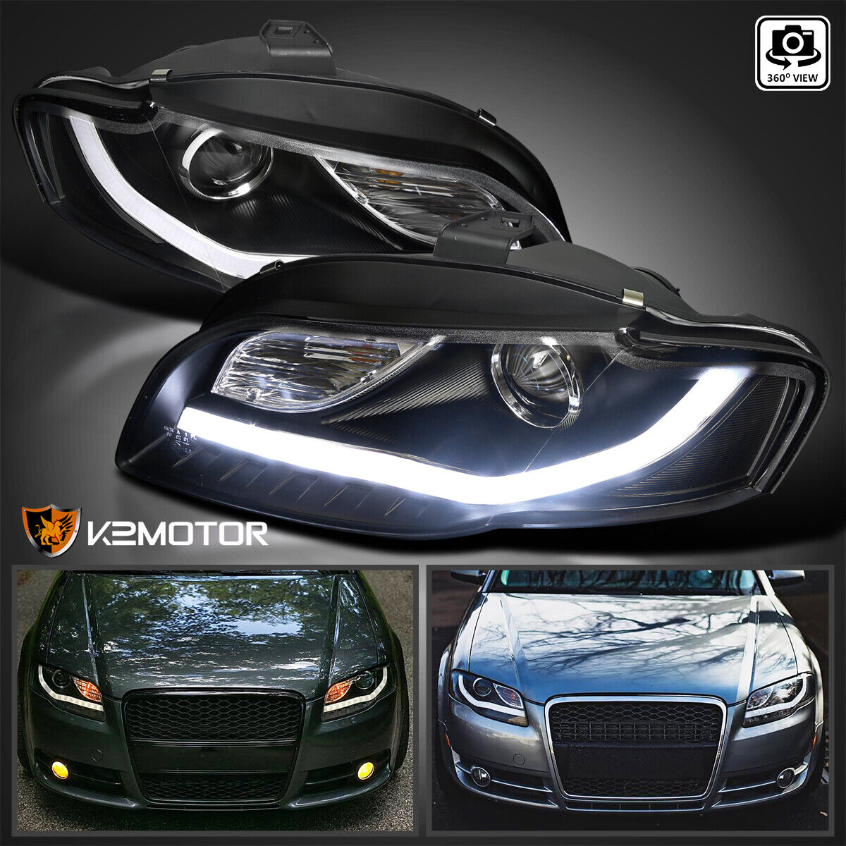 Black Fits 2006-2008 Audi A4 LED Tube Projector Headlights Lamps Left+Right