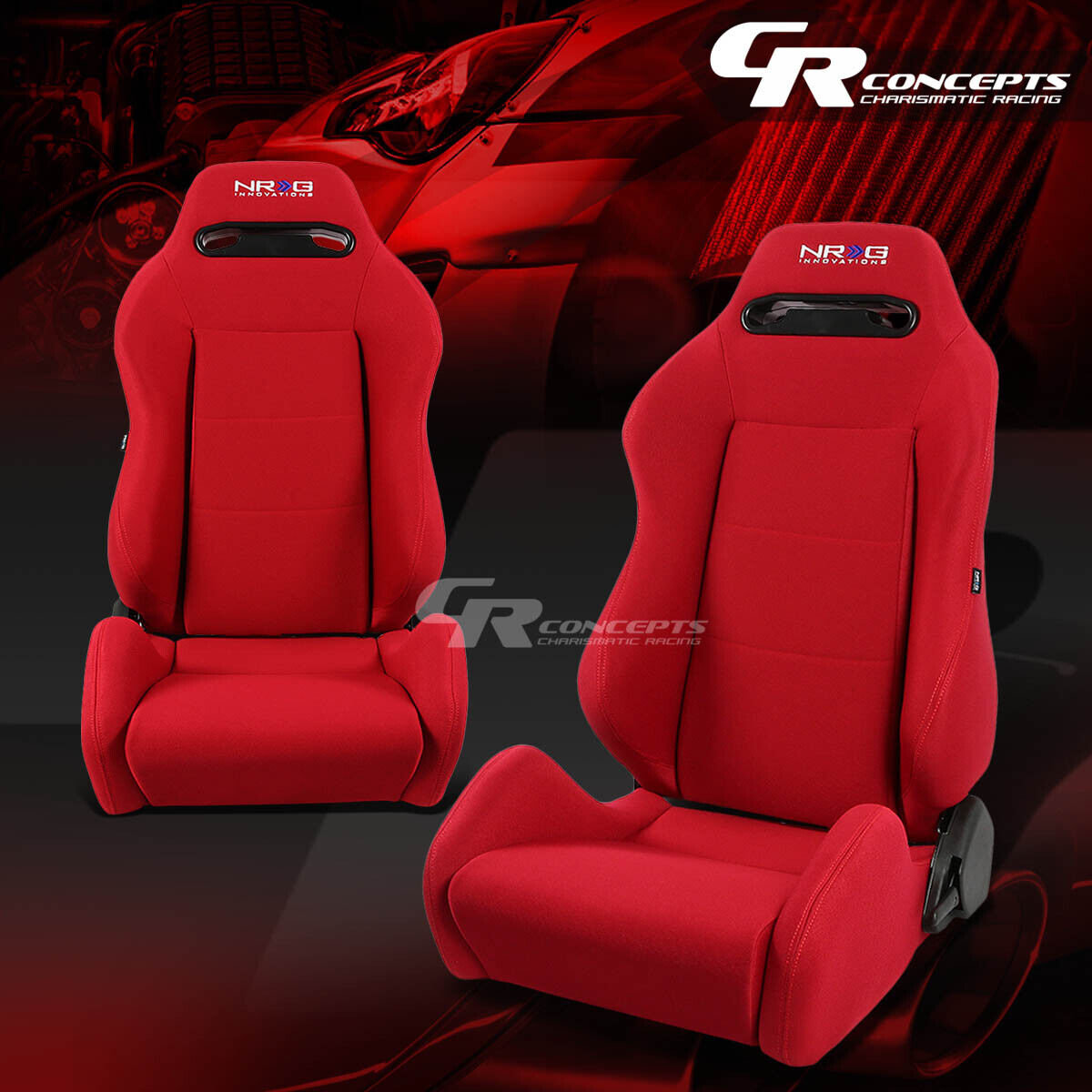 PAIR NRG TYPE-R RED+STITCHES FULLY RECLINABLE RACING SEATS+ADJUSTABLE SLIDER
