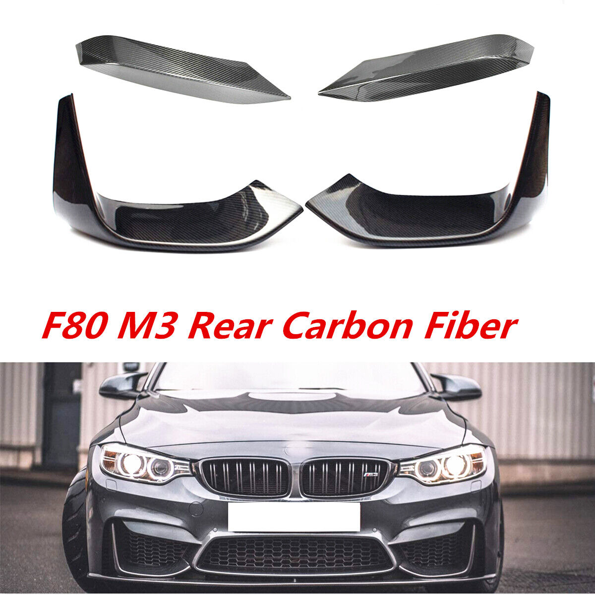 FOR 15-19 BMW M3 M4 CARBON FIBER BUMPER FANG LID COVERS + 2 PCS ADD-ON SPLITTERS