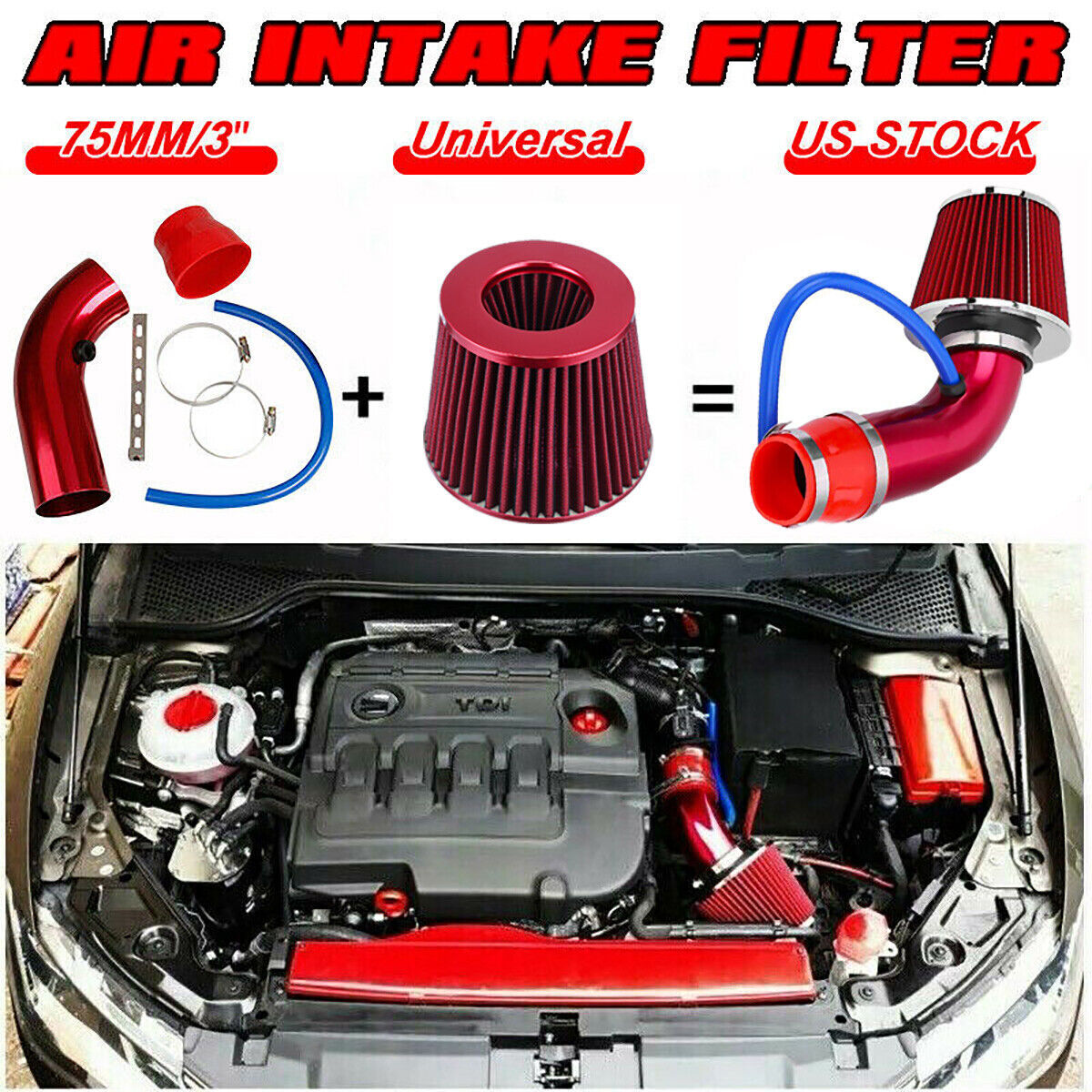 Car Cold Air Intake Turbo Filter Air Filter Induction Flow Hose Pipe Kit US R7S2