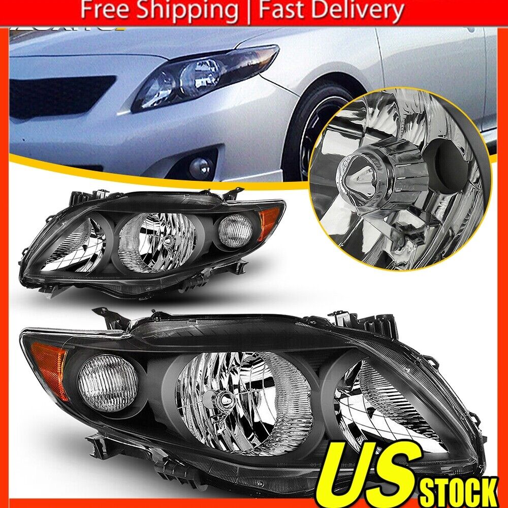 For 2009 2010 Toyota Corolla Black Factory Headlights Headlamps Left+Right Pair