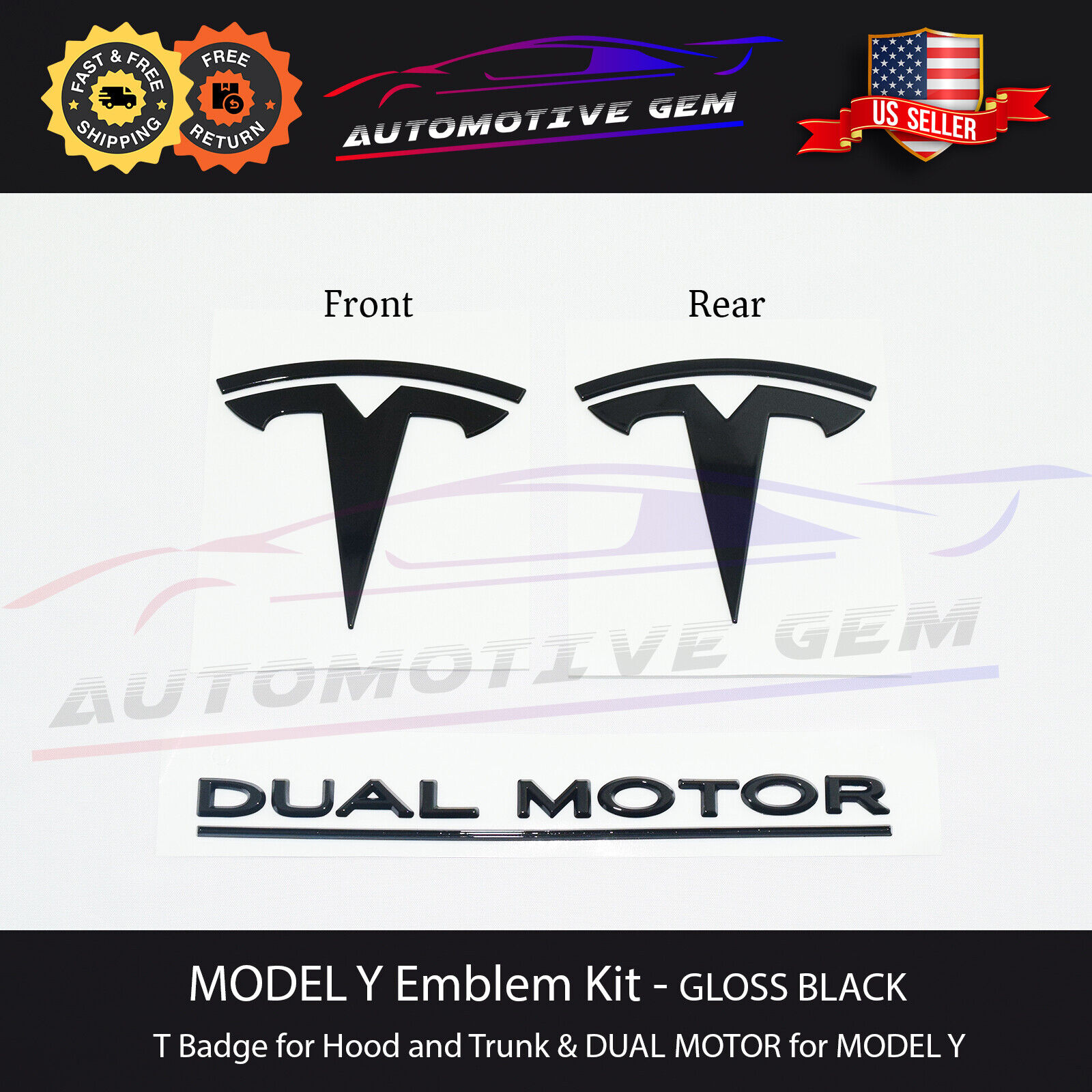 MODEL Y Front Rear Emblem T Badge DUAL MOTOR Matte Black Sticker Set for Tesla