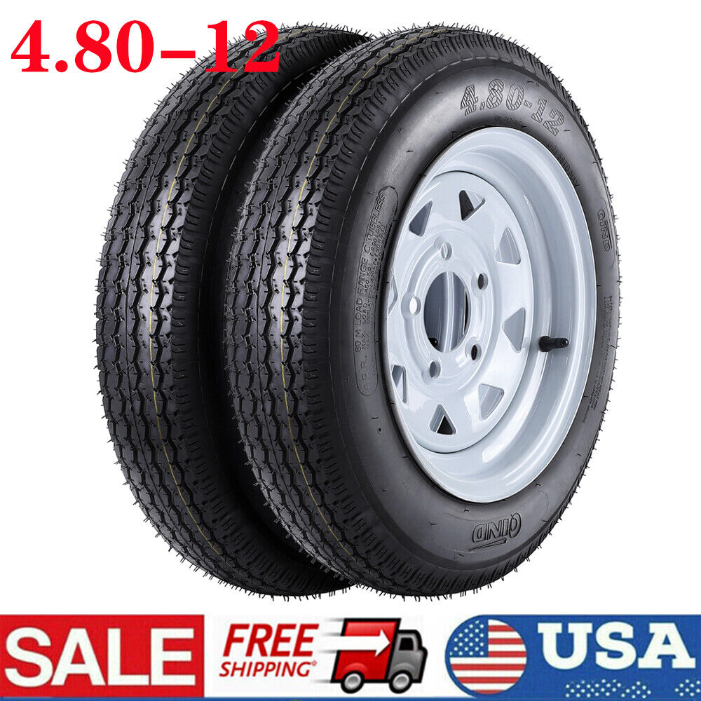 4.80-12 480-12 4.80 X12 Trailer Tires on Rims 5 Lug Road Range C 6 6PR, Set of 2