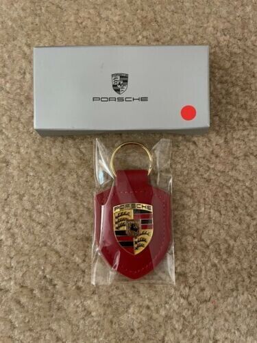 NEW GENUINE PORSCHE LEATHER METAL CREST KEY RING FOB CHAIN, RED,