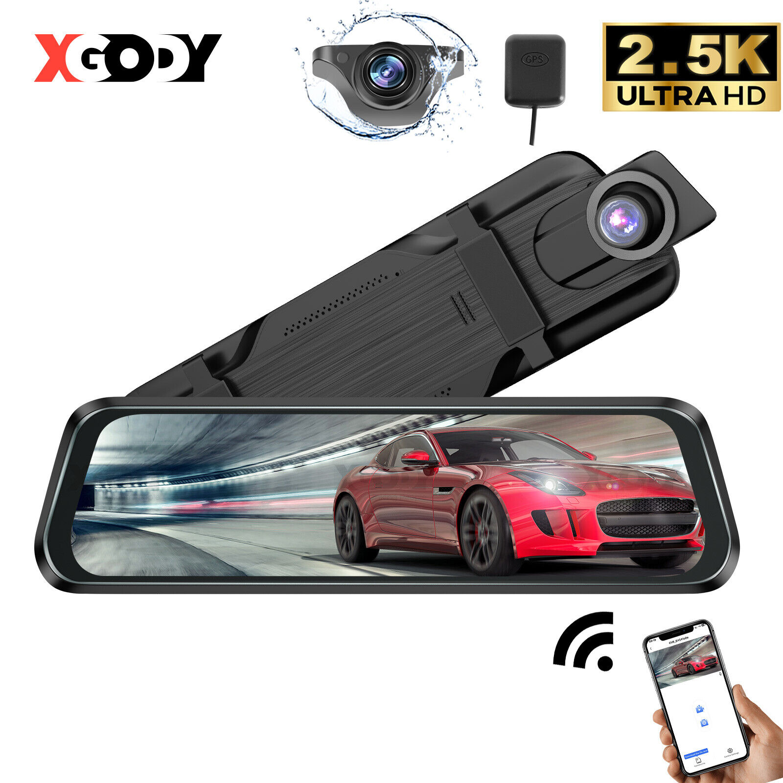10\'\' 2.5K HD Wifi GPS Rearview Mirror Dash Cam Car Video Recorder Dual Lens DVR