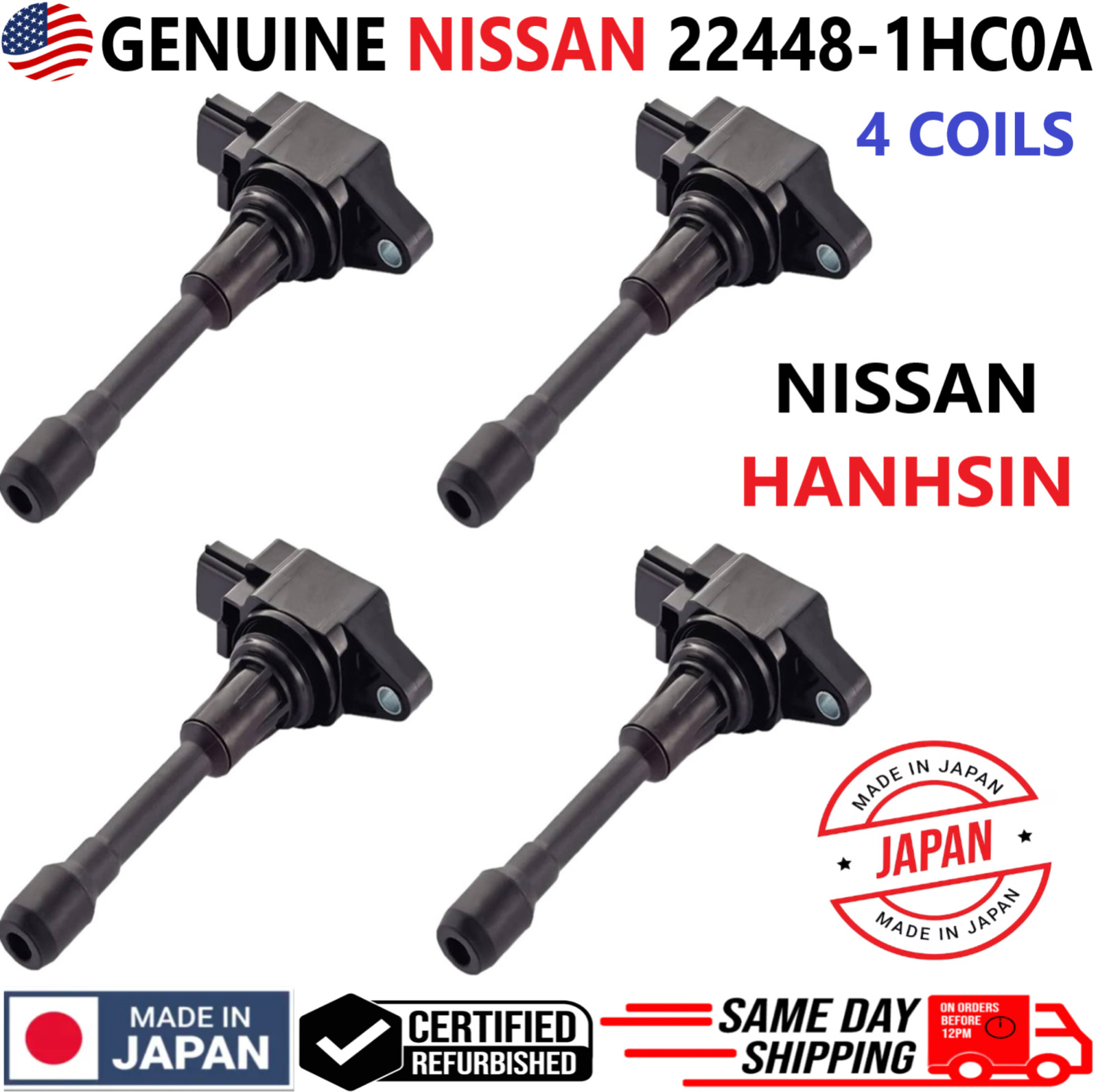 GENUINE x4 Ignition Coils For 2012-2019 Nissan Versa & Versa Note, 22448-1HC0A
