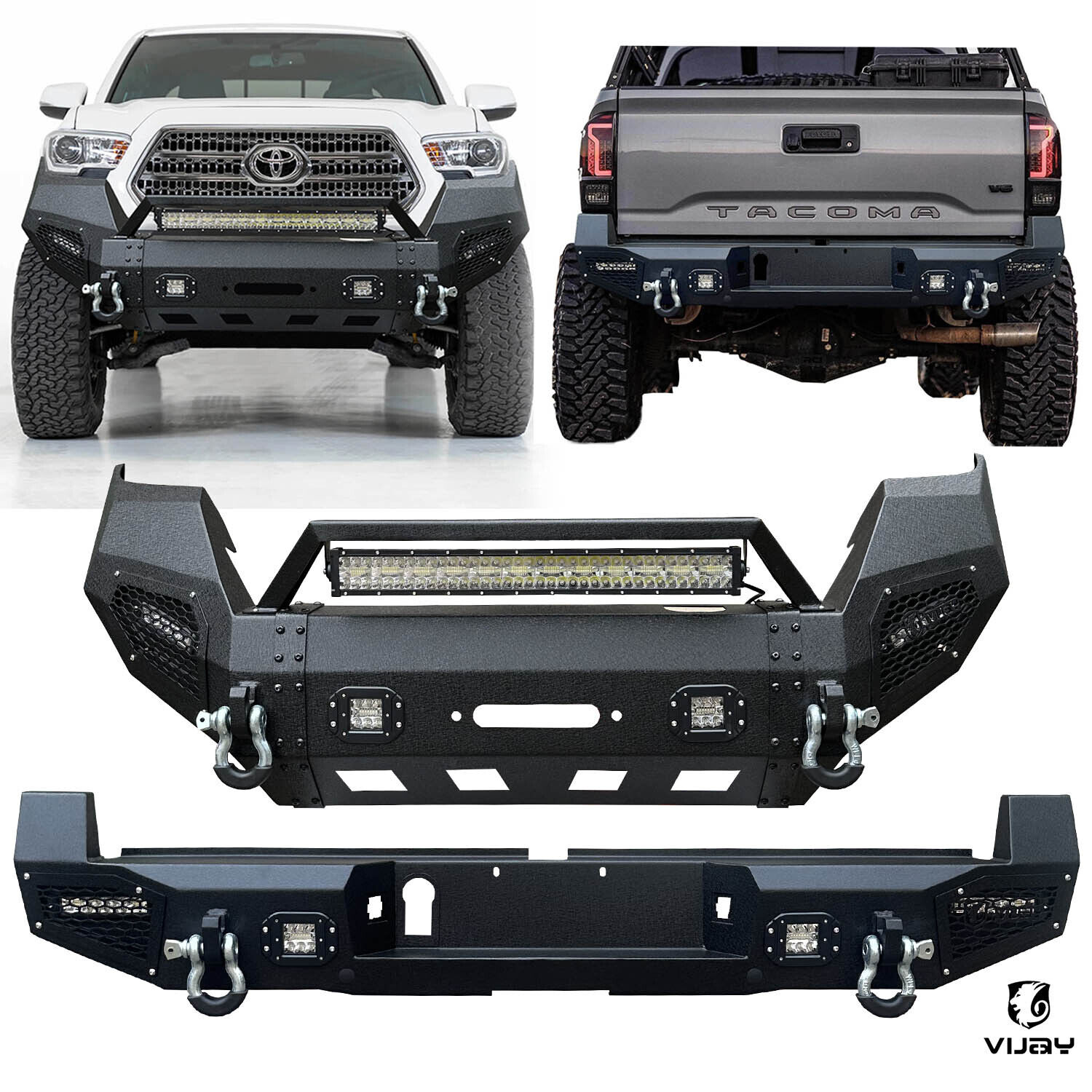Vijay For 2016-2023 Toyota Tacoma New Front/Rear Bumper WWinch Plate&LED Lights