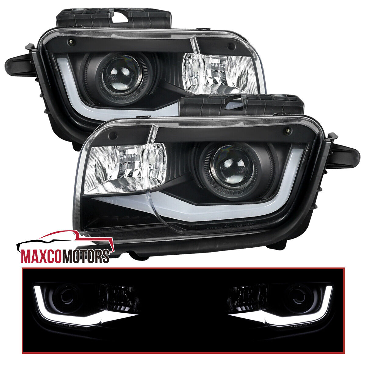 Black Projector Headlights Fits 2010-2013 Chevy Camaro LED Tube Lamps Left+Right