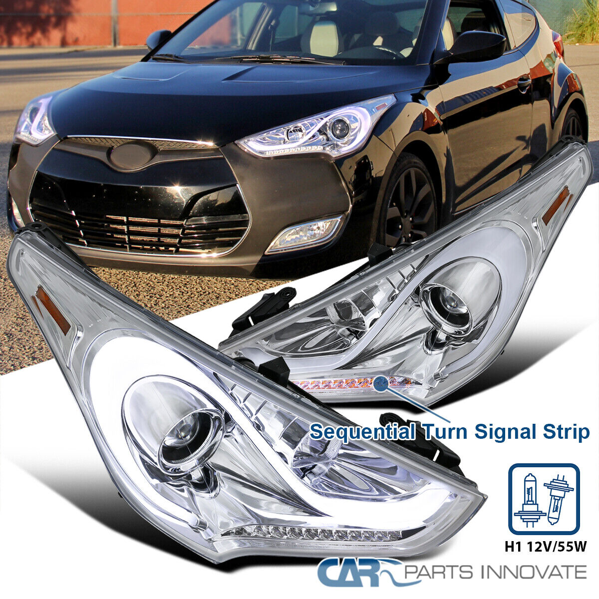 Clear Fits 2012-2017 Hyundai Veloster Projector Headlights LED Sequential Signal
