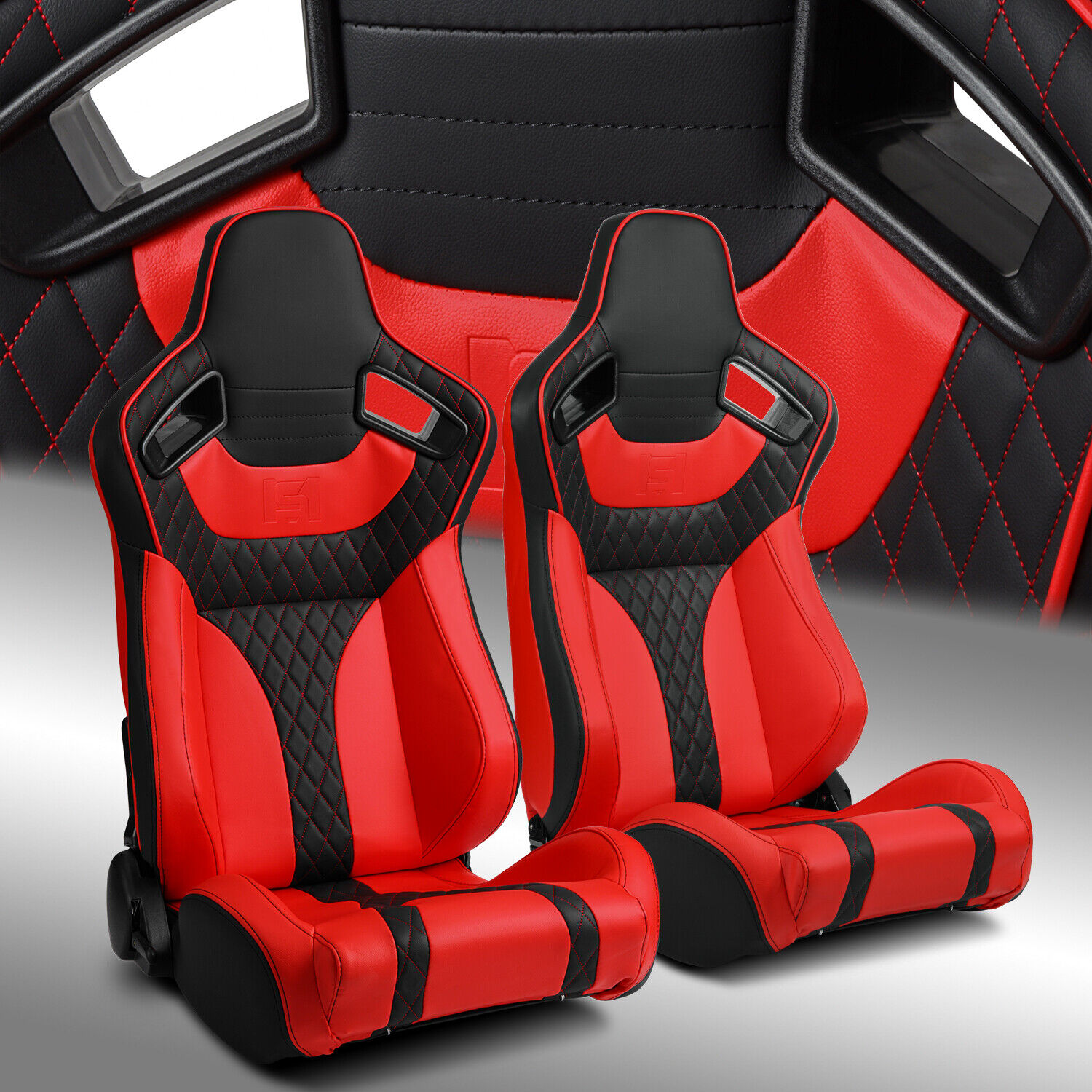 Universal Main Black+Red Side PVC Leather Sport Reclinable Racing Seats Pair