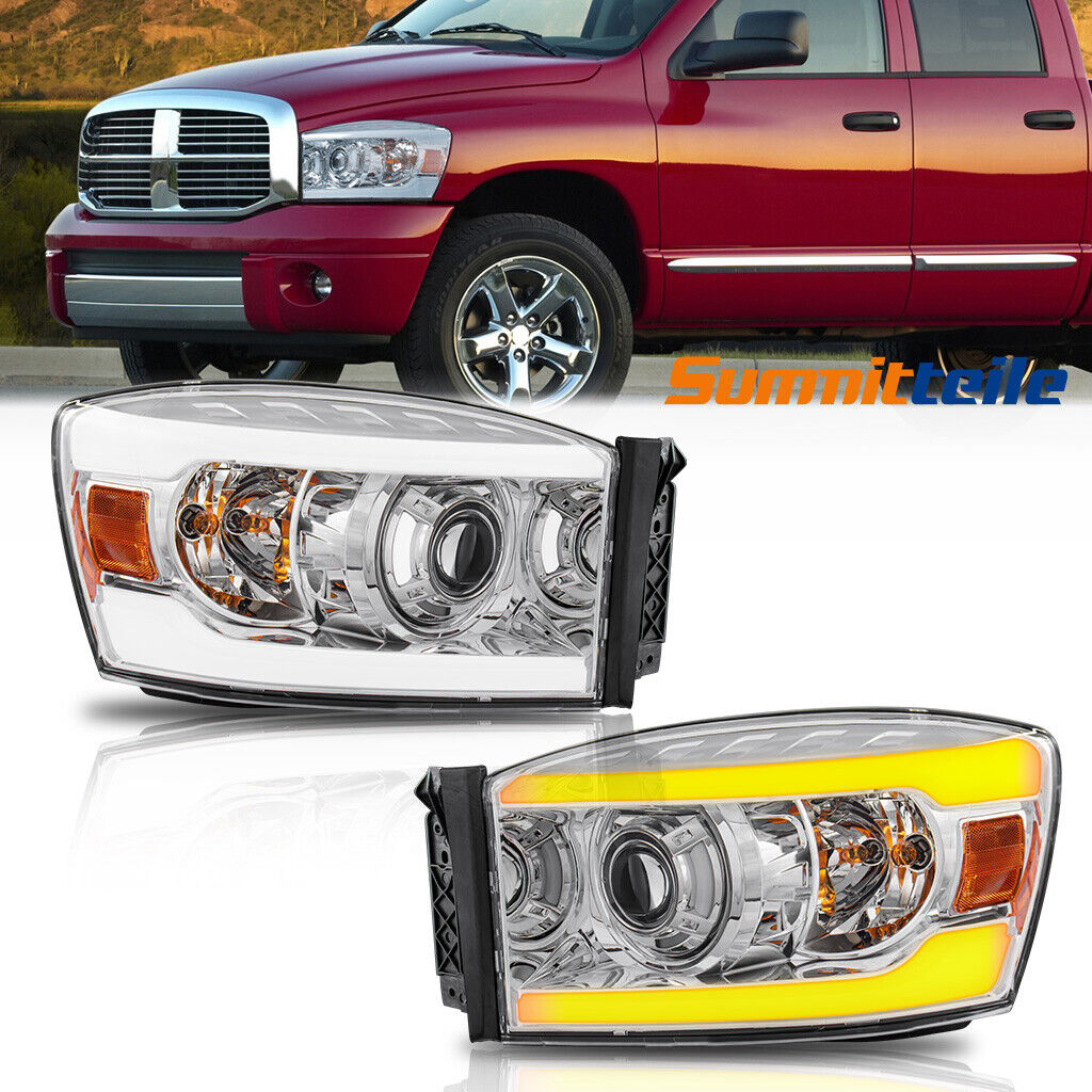 Pair Chrome H7 Projector Headlights Sequential For 2006-2008 Dodge Ram 1500 2500