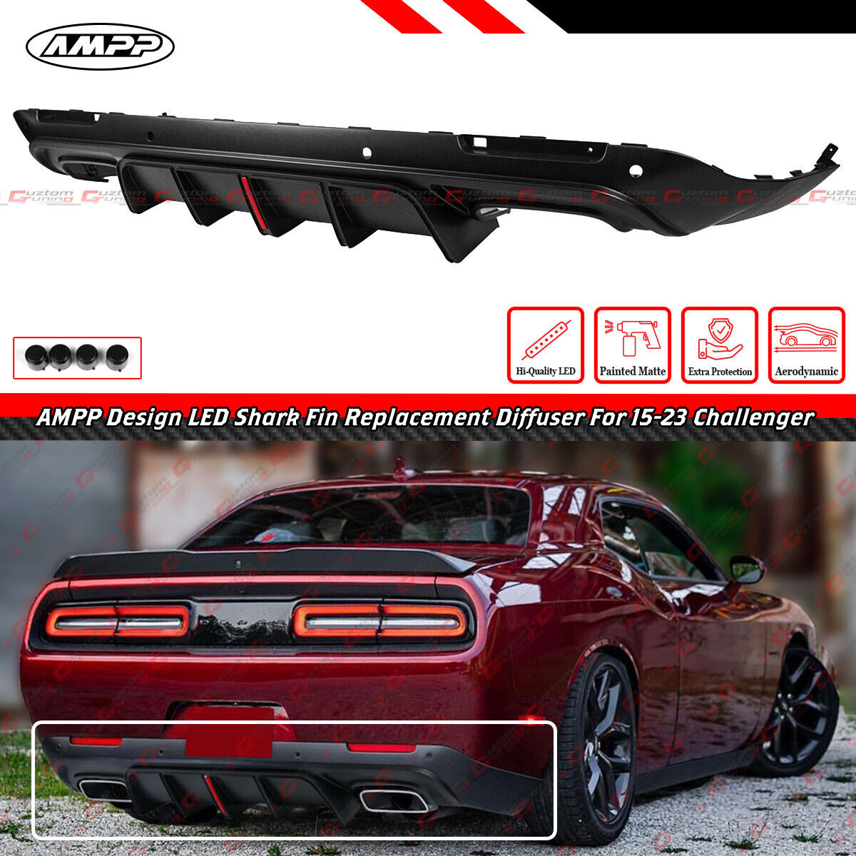 For 15-23 Dodge Challenger AMPP LED Matte Black Rear Bumper Diffuser Replacement