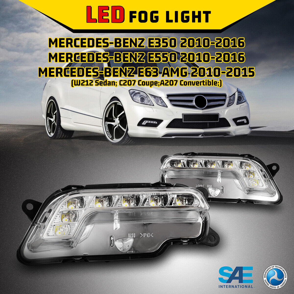 Fog Lights LED DRL Lamps For 10-11 Mercedes Benz E250 E350 E550 Coupe Clear Pair
