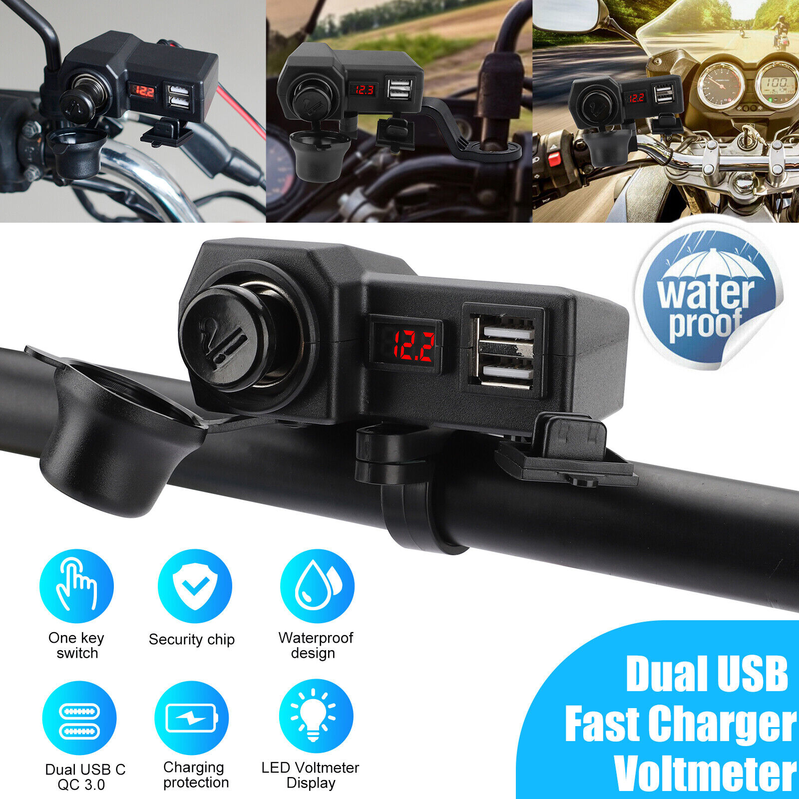 Waterproof Dual USB 12V Motorcycle Handlebar Phone Power Charger Outlet Socket