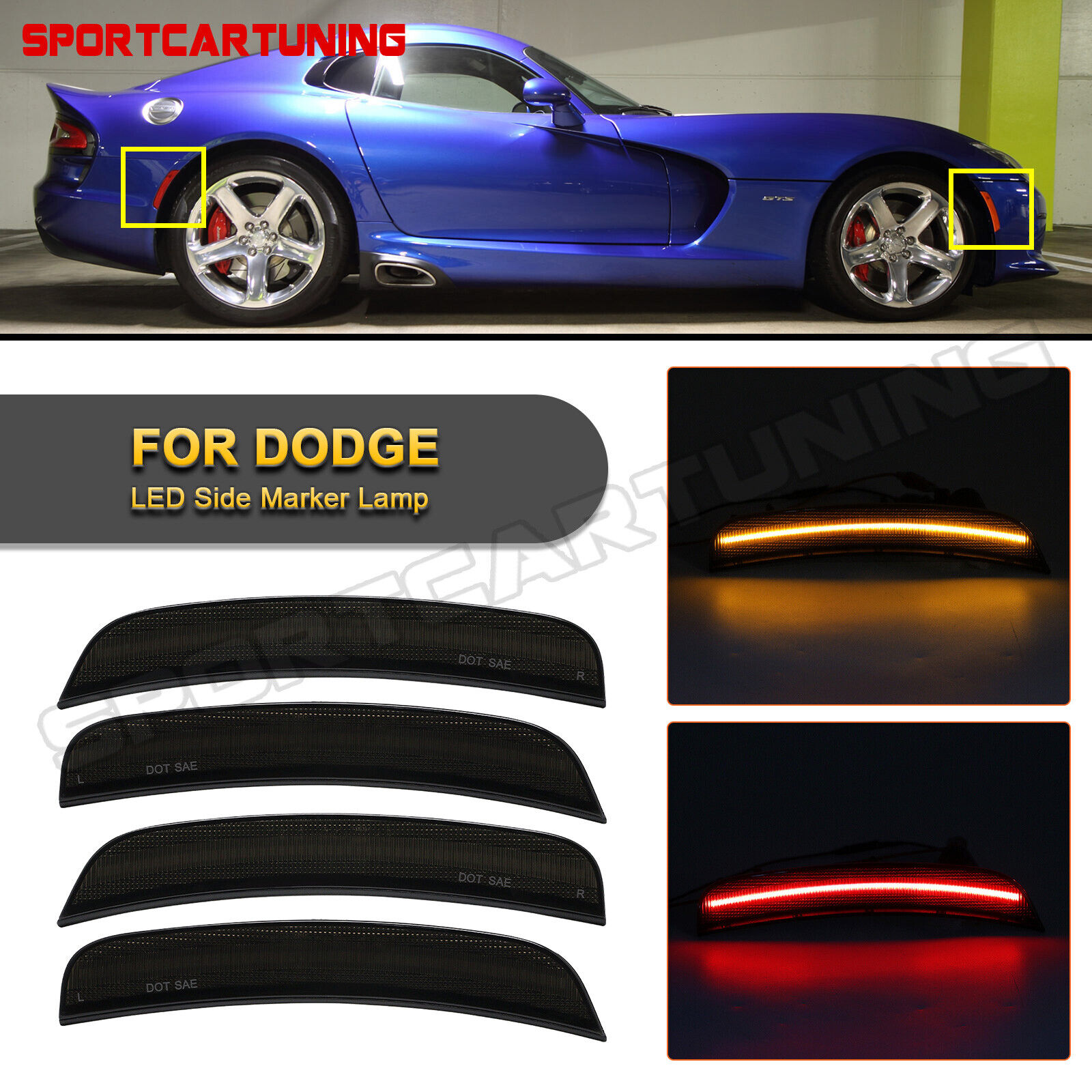 For 2013-2017 Dodge Viper LED Front & Rear Bumper Side Marker Lights Smoked Lens