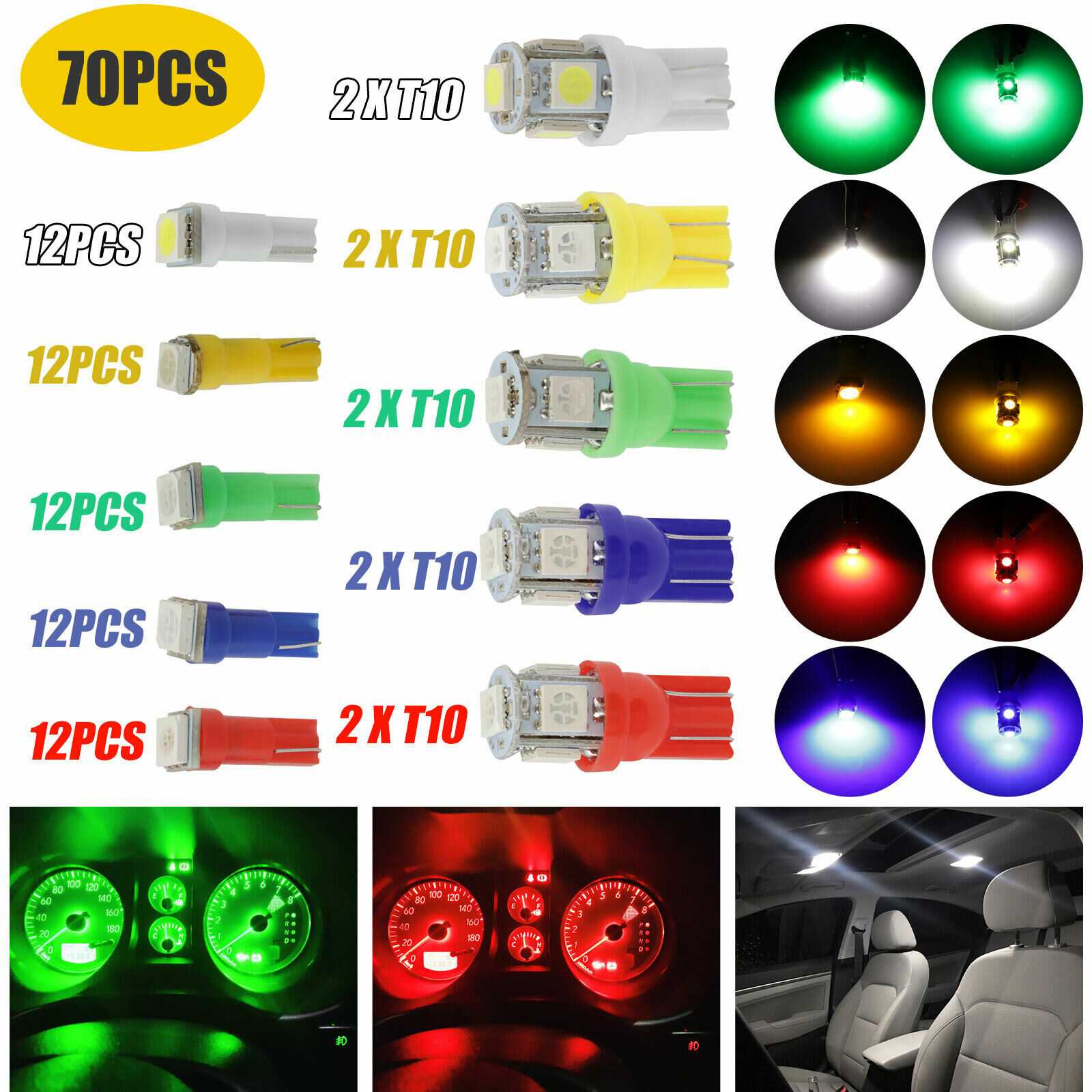 70Pcs Car T5+T10 5050-SMD LED Instrument Panel Cluster Indicator Dash Light Bulb