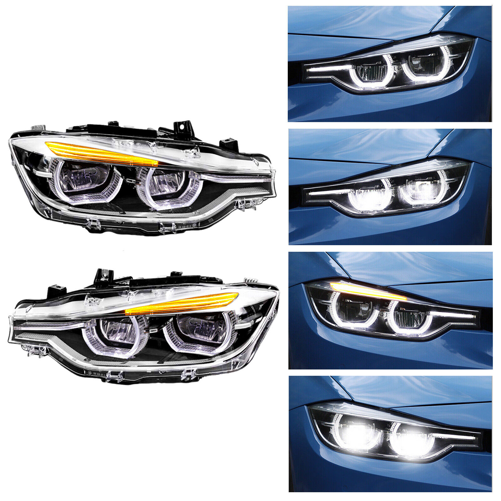 Fits 2013-2014-2015 BMW F30 3-Series U Ring LED Angel Eyes Projector Headlights