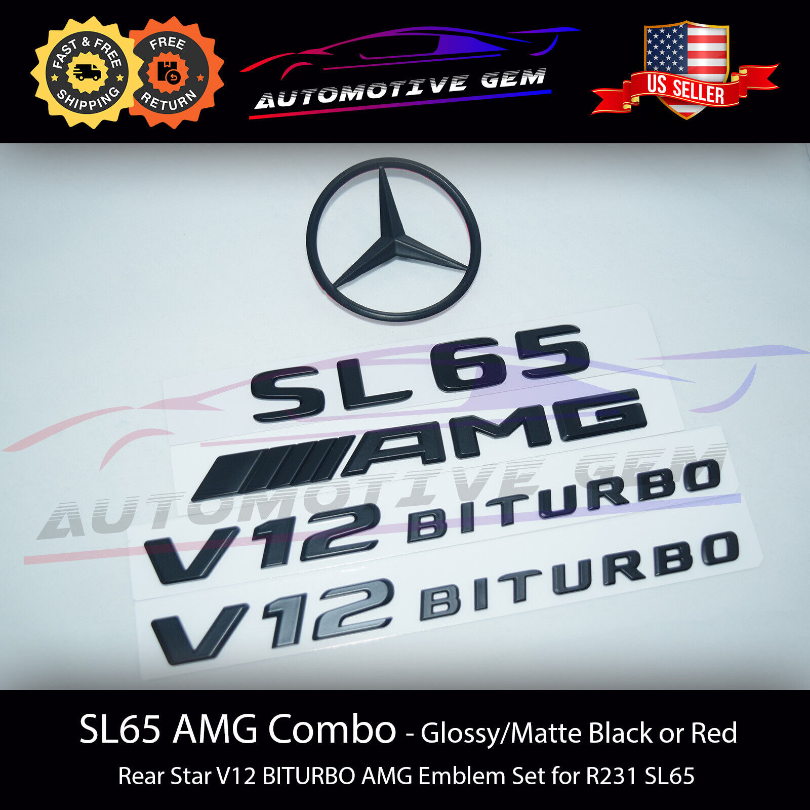 SL65 AMG V12 BITURBO Rear Star Emblem Black Badge Combo Set for Mercedes R231