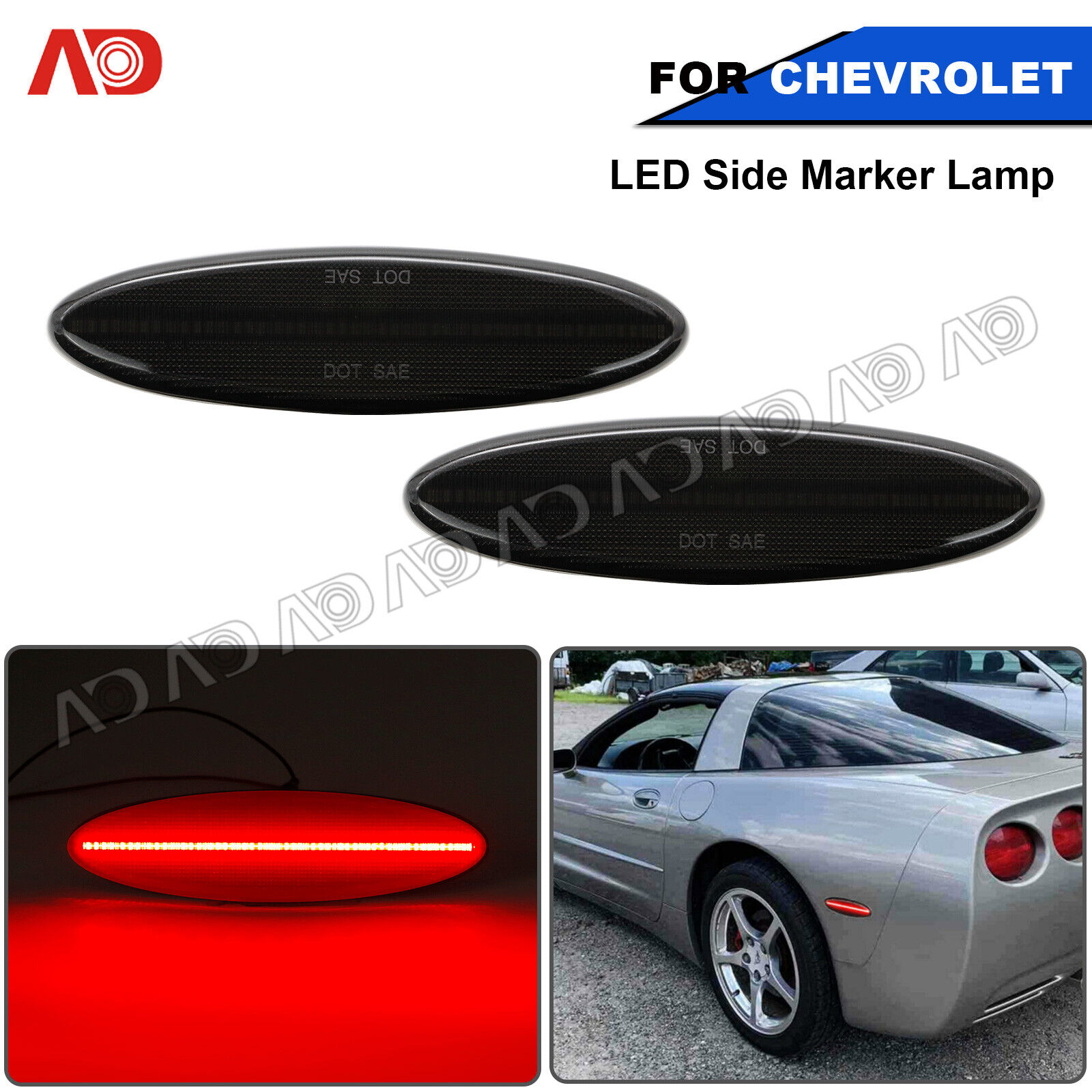 For 1997-2004 Chevrolet Corvette C5 Smoked LED Rear Red Side Marker Light Lamp