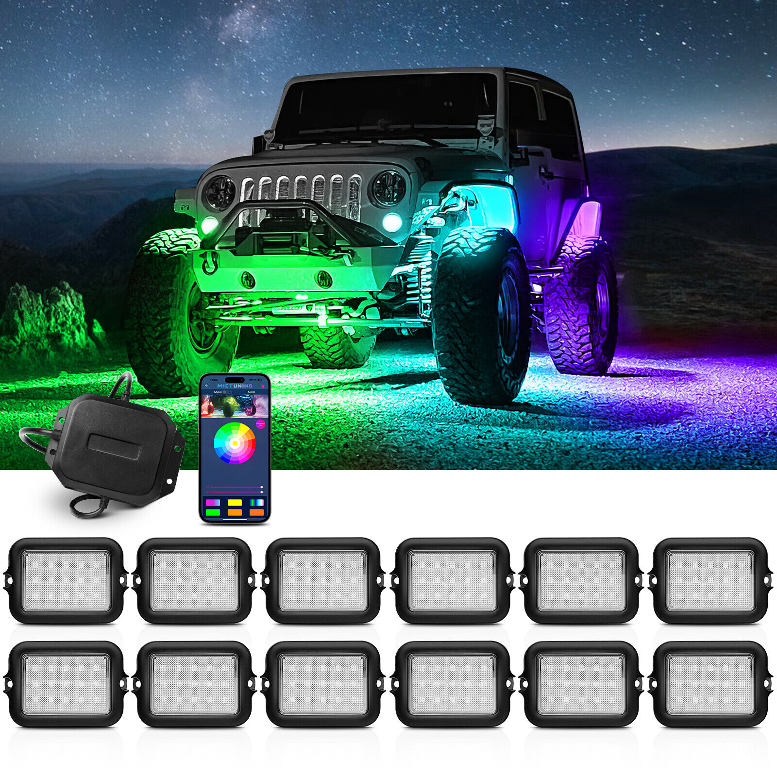 MICTUNING Y1 RGB+IC Dream Color LED Rock Lights Kit - 𝐔𝐩𝐠𝐫𝐚𝐝𝐞𝐝 12 Pods