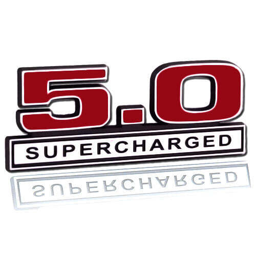 5.0 Liter V8 Supercharged Engine Stick On Emblem Logo in Red Black & Chrome Trim