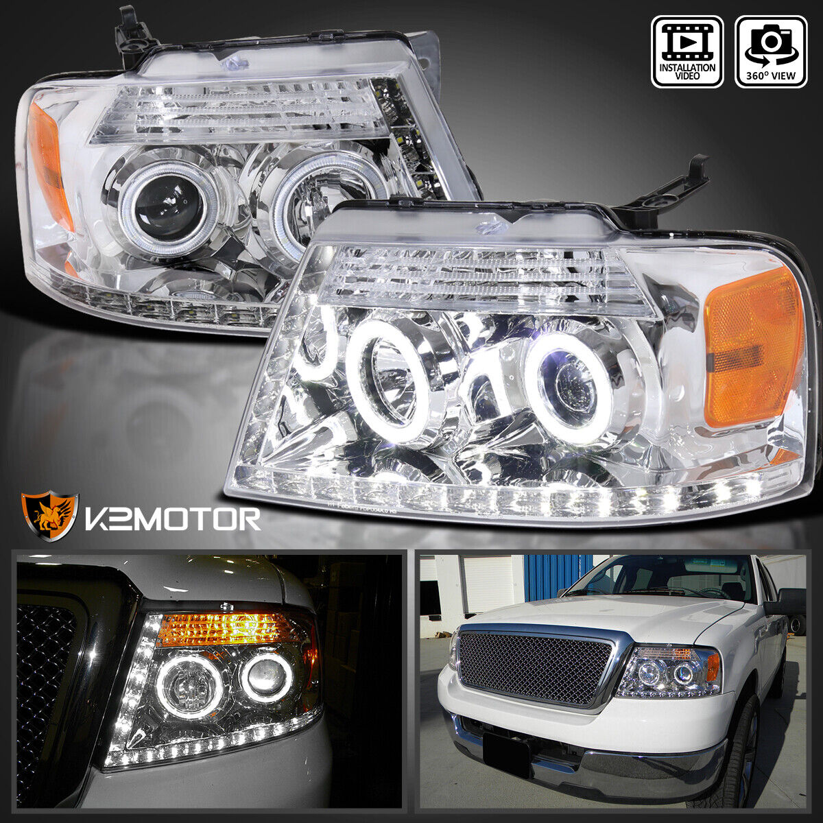Clear Fits 2004-2008 Ford F150 LED Strip Halo Projector Headlights Lamps LH+RH