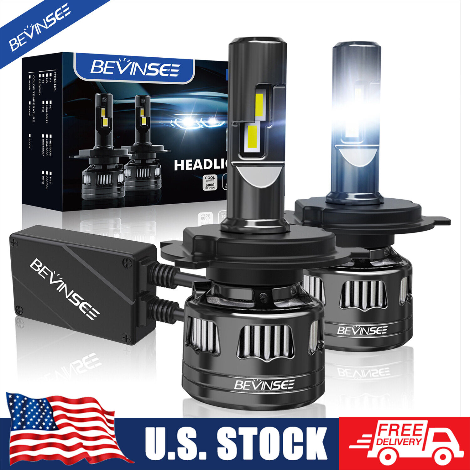 BEVINSEE H4 9003 LED Headlight Hi/Low Beam Conversion Bulbs 22000LM Bright White