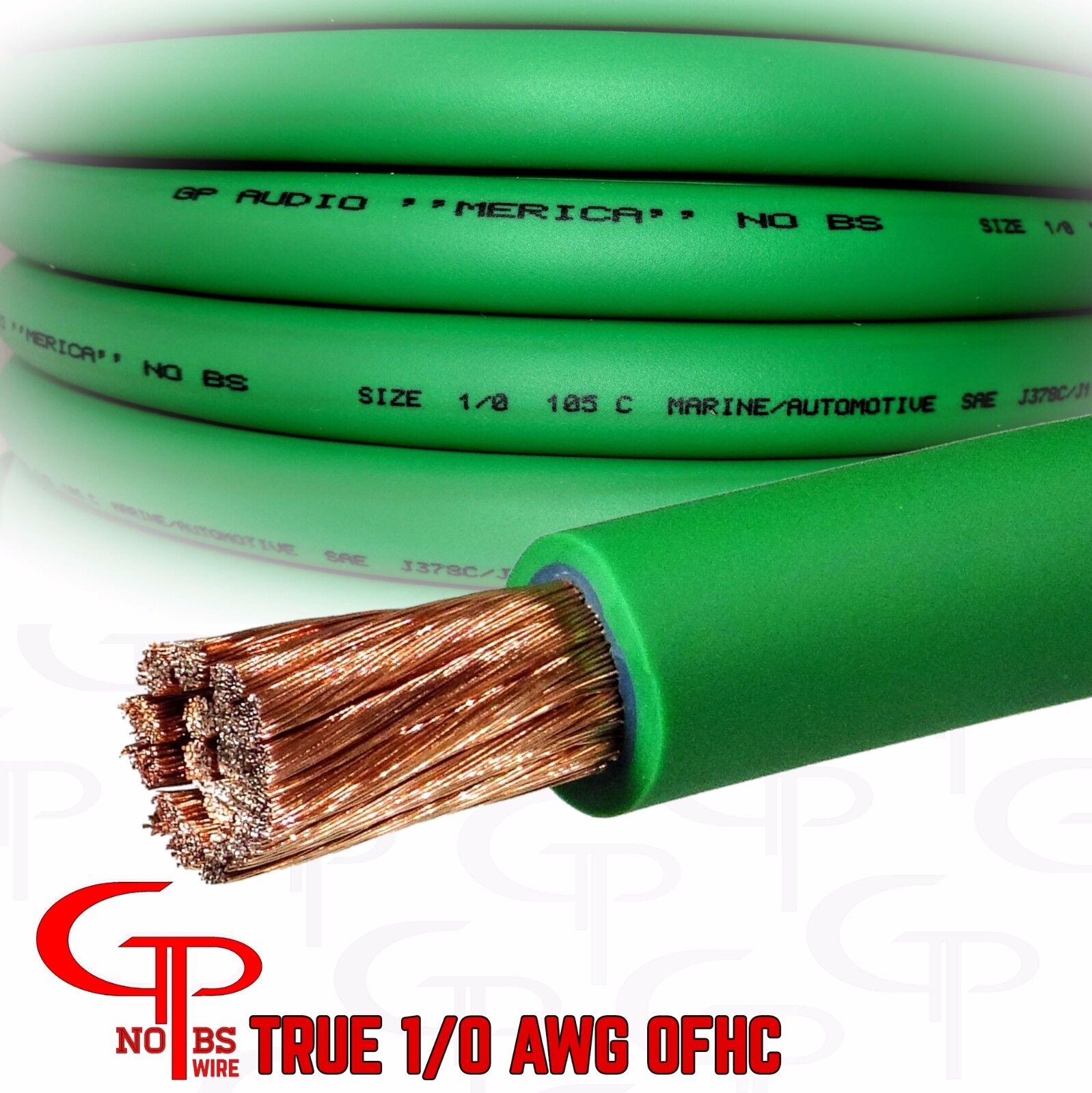 50 ft TRUE AWG 1/0 Gauge OFC COPPER Power Wire GREEN Ground Cable GP Car Audio 