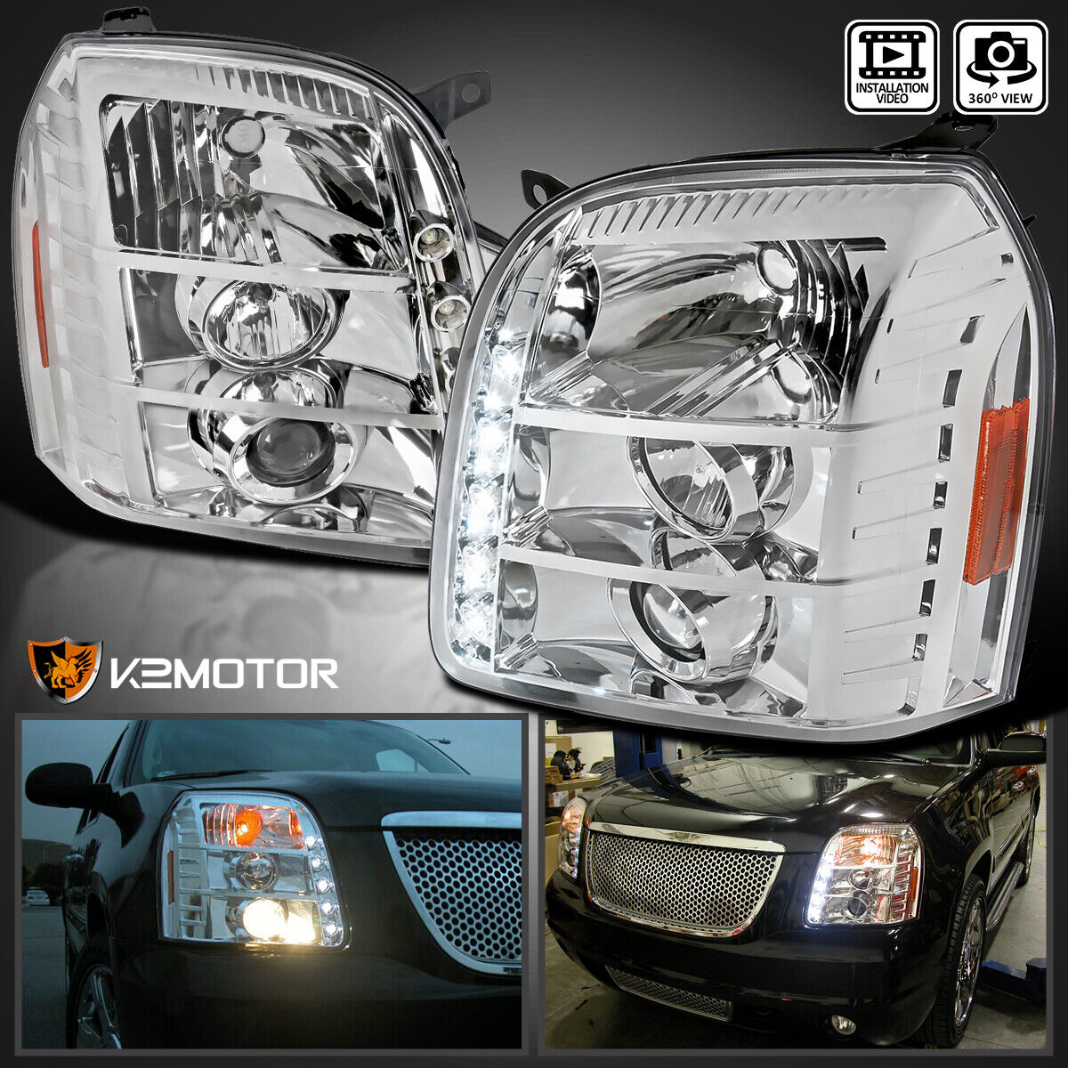 Clear Fits 2007-2014 GMC Yukon XL 1500 Denali LED Strip Projector Headlights L+R