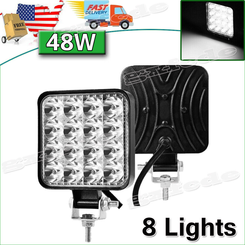 8PCS 48W LED Work Light Truck OffRoad Tractor Flood Lights 12V 24V Square Lamps