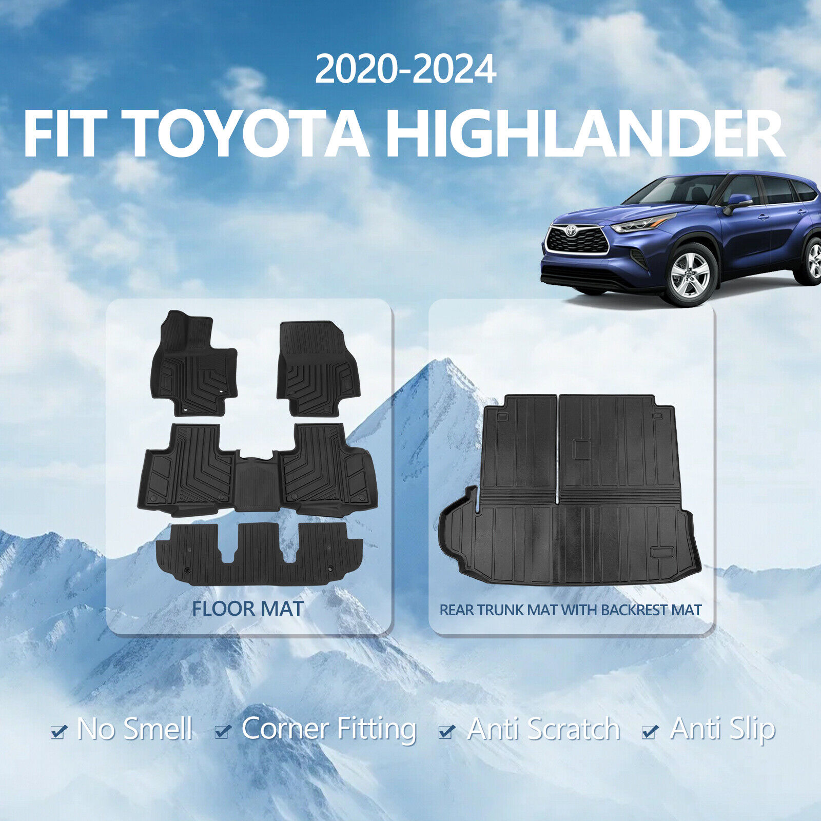 Fit 2020-2024 Toyota Highlander Floor Mats Trunk Mats Cargo Liners All Weather