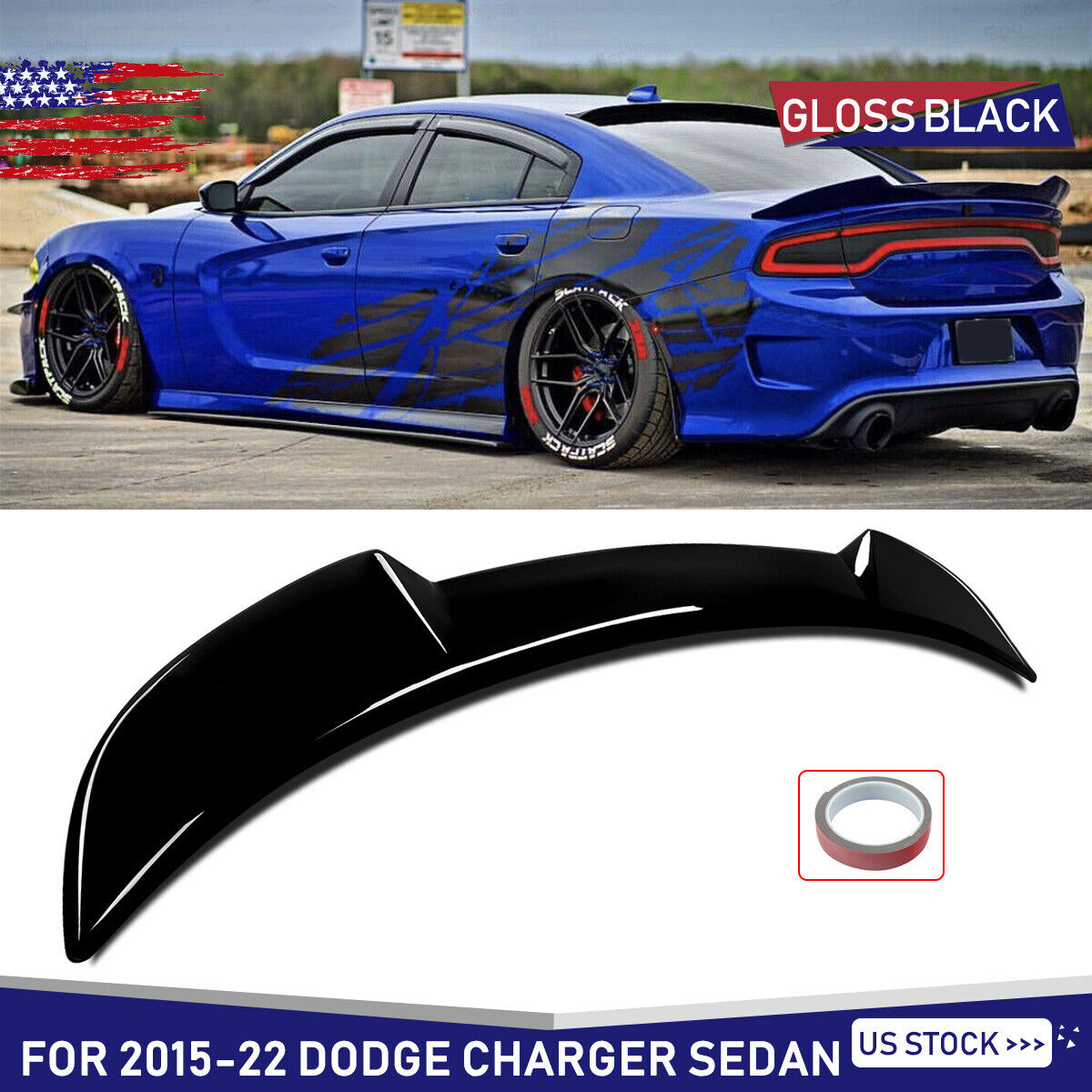 For 2015-22 Dodge Charger Sedan V2 Style Rear Trunk Spoiler Wing Gloss Black ABS