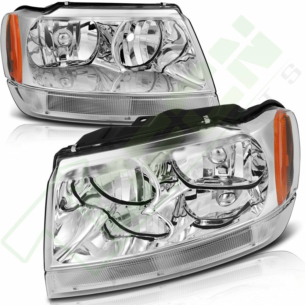 Reflector Headlights Fits 1999-2004 Jeep Grand Cherokee Front Clear Light Pair