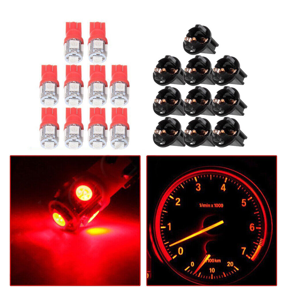 10x Red T10 SMD 194 LED Bulbs for Instrument Gauge Cluster Dash Light W/ Socket,