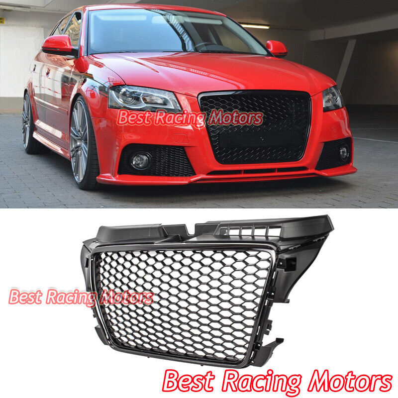 For 2009-2013 Audi A3 8P RS3 Style Front Grille (Gloss Black Frame + Honeycomb)
