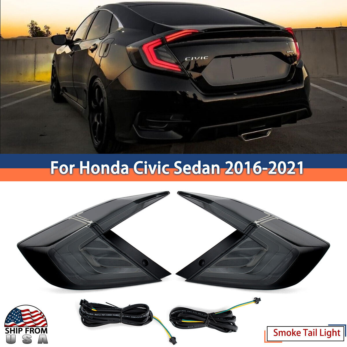 Black Fits 2016-2021 Honda Civic Sedan LED Tail Lights w/ Sequential Signal Tube