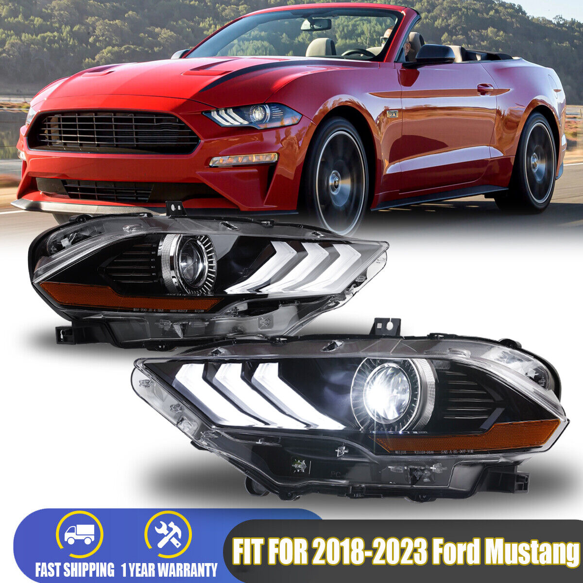 For 2018 2019 2020 2021 2022 2023 Ford Mustang LED DRL Projector Headlights Pair